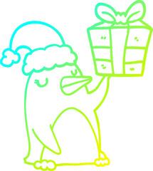 cold gradient line drawing cartoon penguin with christmas present