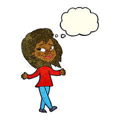 stress free woman cartoon with thought bubble