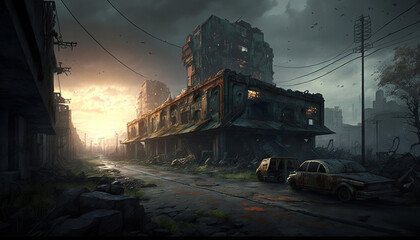 Fototapeta na wymiar Apocalyptic landscape , post apocalypse city , dystopia , fallout, destroyed town , AI