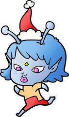 pretty gradient cartoon of a alien girl running wearing santa hat