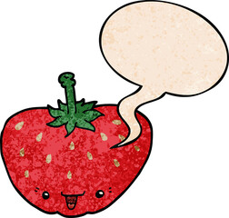 cartoon strawberry and speech bubble in retro texture style