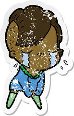 distressed sticker of a cartoon crying girl