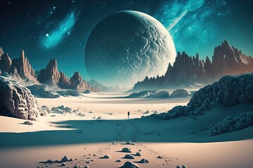 Fantastic cold landscape of an empty planet. AI
