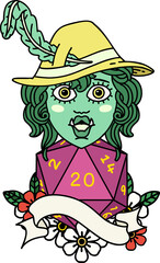 singing half orc bard character with natural twenty dice roll illustration