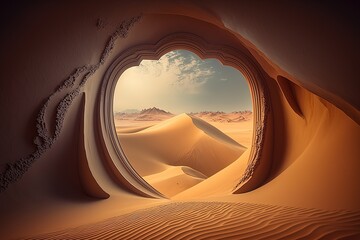 Huge portal of fine sand in the desert, sand waterway, mystical atmosphere, sand dunes. AI