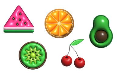 set of fruits watermelon orange avocado kiwi cherry 3d design