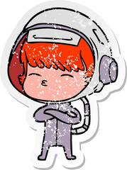 distressed sticker of a cartoon curious astronaut