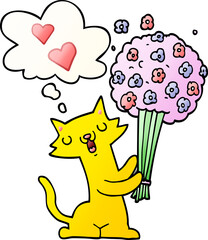 cartoon cat in love with flowers and thought bubble in smooth gradient style