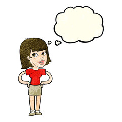 cartoon happy woman with hands on hips with thought bubble