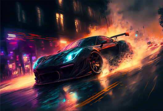 Car drifting action scene in the city at night concept art speed race , AI