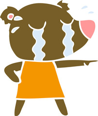 flat color style cartoon crying bear in dress pointing