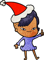 cute textured cartoon of a girl with hipster haircut wearing santa hat