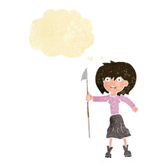 cartoon woman with harpoon with thought bubble