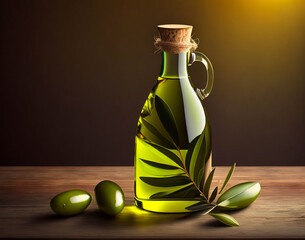 Olive oil bottle with green olives on wooden floor. Generative AI
