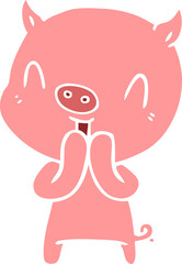 happy flat color style cartoon pig