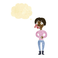 cartoon woman with snake tongue with thought bubble