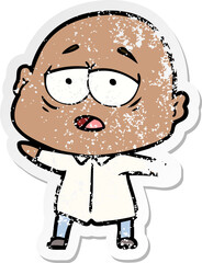 distressed sticker of a cartoon tired bald man