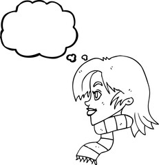 thought bubble cartoon woman wearing scarf