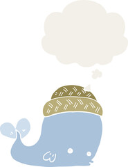 cartoon whale wearing hat and thought bubble in retro style