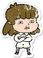 distressed sticker of a cartoon worried woman