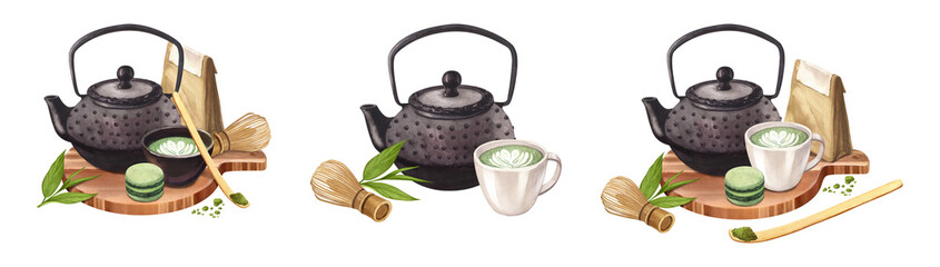 Watercolor group organic green Japanese matcha latte in cup, black teapot and whisk, dry leaves. Hand drawn illustration isolated on white background. Drink for food menu, cafe, cooking, design