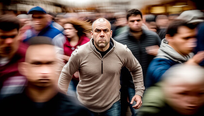 A man in the center of the frame runs head-on towards the viewer, surrounded by a multitude of people - AI generative