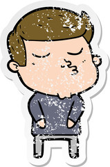 distressed sticker of a cartoon model guy pouting
