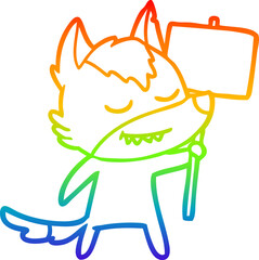 rainbow gradient line drawing friendly cartoon wolf with blank sign