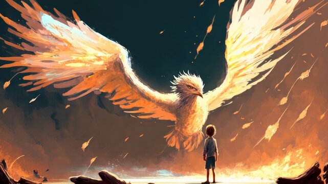 A young child gazing up at a phoenix bird in flight., illustration painting