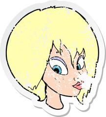 retro distressed sticker of a cartoon pretty female face pouting