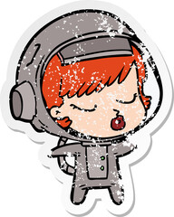 distressed sticker of a cartoon pretty astronaut girl