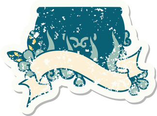 grunge sticker with banner of lit cauldron