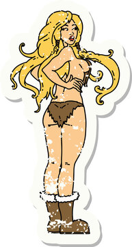 distressed sticker tattoo of a pinup viking girl