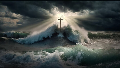 Elevated cross in stormy waters created with Generative AI technology