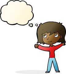 cartoon happy girl with thought bubble