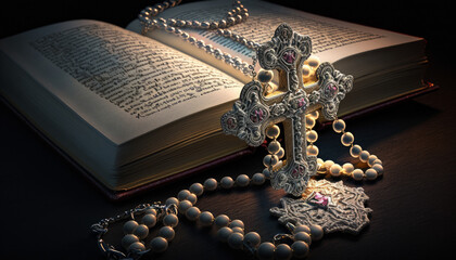 Jeweled cross necklace in front of an open book created with Generative AI technology