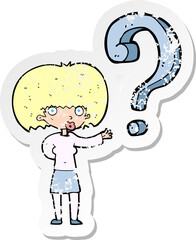 retro distressed sticker of a cartoon woman with question