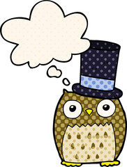 cartoon owl wearing top hat and thought bubble in comic book style
