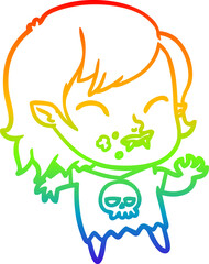 rainbow gradient line drawing cartoon vampire girl with blood on cheek