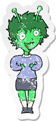 retro distressed sticker of a cartoon alien woman