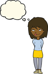 cartoon happy woman with thought bubble
