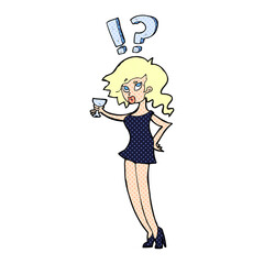 cartoon confused woman with drink