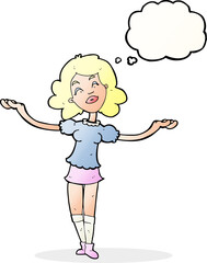 cartoon woman taking praise with thought bubble