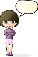 cartoon woman with folded arms with speech bubble