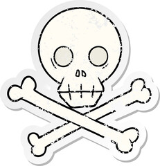 distressed sticker of a cartoon skull and crossbones