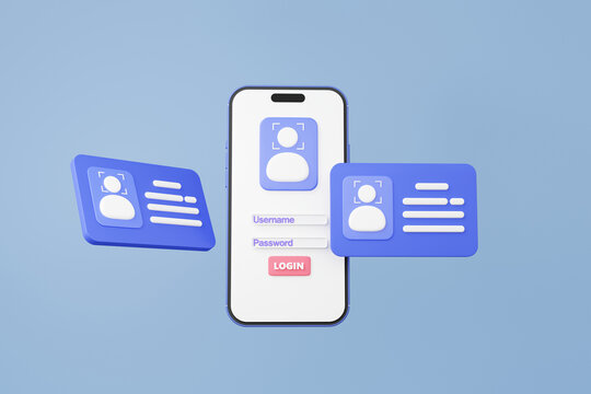 Login username password via mobile. scan face Id card on pastel background. verify identity concept. personal badge, profile name, human resources, driver license, national, staff company. 3d render