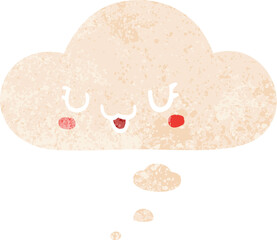 cute happy cartoon face and thought bubble in retro textured style