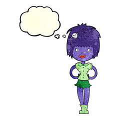cartoon happy vampire girl with thought bubble