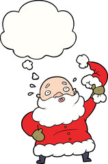 cartoon santa claus waving hat and thought bubble