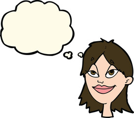 cartoon happy woman with thought bubble